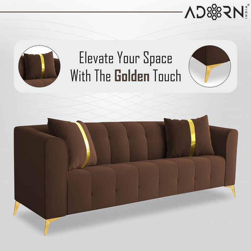 Image of Adorn India Premium Mystic - 3 Years Warranty - 3+1+1 Sofa Set Velvet Suede Fabric - Brown