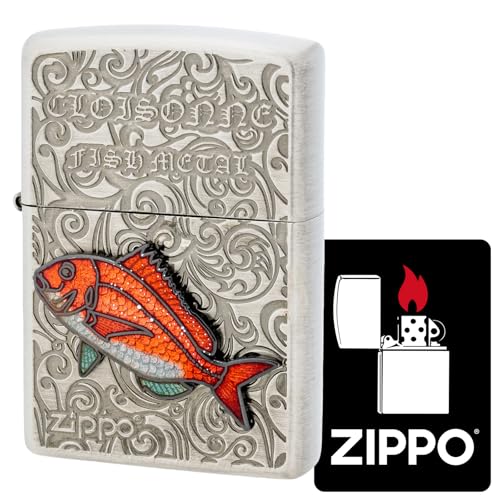 KAJIKAWA(カジカワ) Zippo ジッポ ライター 防風 真鍮製 七宝メタル 真鯛 メタル貼り エッチング 古美仕上げ 特製ステッカー付き シルバー AN-マダイ