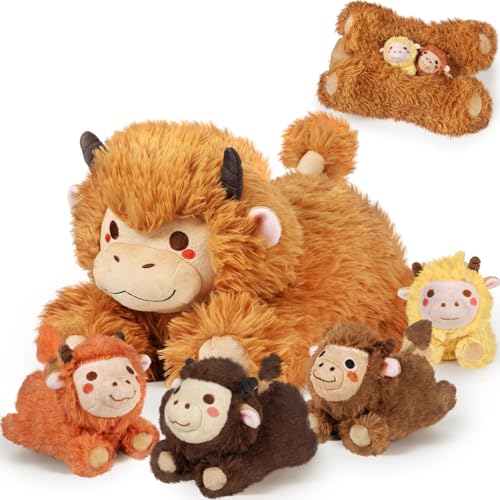 Image of KMUYSL Highland Cow Stuffed Animal for Girls Ages 0 1 2 3 4 5 6 7 8+ Years Old, Mommy Cow Animals Plush Toys with 4 Baby Calves, Soft Animal Stuffed Toys Set, Christmas Birthday Gifts for Kids Girls