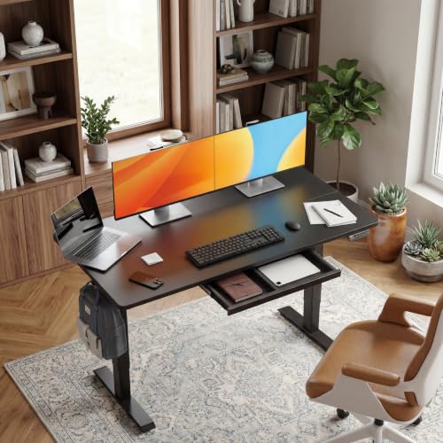 Image of Claiks Electric Height Adjustable Standing Desk with Drawers, 63 x 24 Inch Sit Stand Desk for Home Office, Computer Desk Workstation,Black