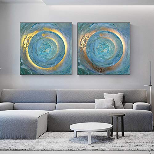 Peinture abstraite en or bleu sur toile de lin LSYALUCK châssis bois 80x80cm x2