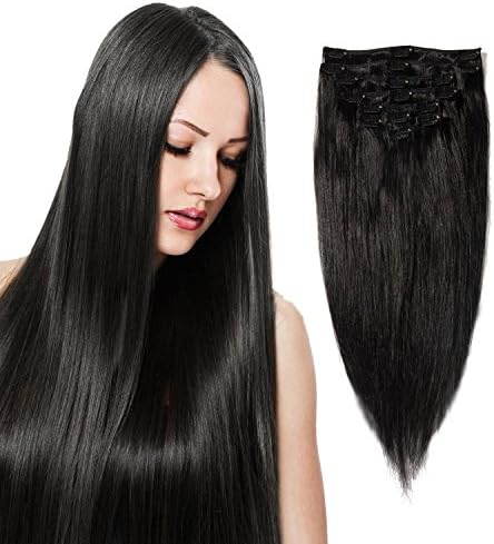 AbHair Clip in Hair Extensions 100% Real Remy Human Hair Extra Thick 18" 160g Silky Straight 8 Piece Full Head (#1 Jet Black)