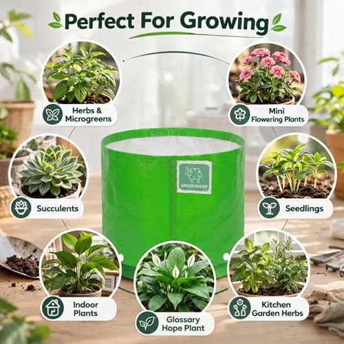 Image of GREENSHEEP HDPE Grow Bag Heavy Duty 260 GSM Round Plants Flower Growing Bags Floor Standing Mount Type for Home Garden Balcony Terrace Kitchen Nursery (Green, 9x6 inch, Pack of 5)