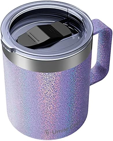 Umite Chef Stainless Steel Insulated Coffee Mug Tumbler with Handle, 12 oz Double Wall Vacuum Tumbler Cup with Lid Insulated Camping Tea Flask for Hot & Cold Drinks((Glitter Lavender))