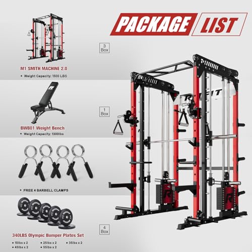 Image of RitFit M1 Pro Smith Machine Package, All-in-One Power Cage with Weight Stack Set, Includes LAT Pulldown & Cable Crossover System for Home Gym