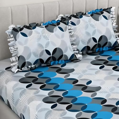 Image of King Size Fitted Bedsheet for Double Bed | 300 TC Cotton Feel Microfiber | All Around Elastic with 2 Frill Pillow Covers | Soft & Durable | (GreyGeometricFrill, Fitted - Double72x72)