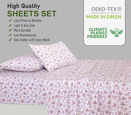 RUVANTI 100% Cotton California King Sheet Sets, 4 Pieces, Soft & Breathable Percale Weave Bedding, Deep Pocket 14", Hotel Standard, Crisp Cool Feel & Durable, Perfect Floral Sheets, Bouquet