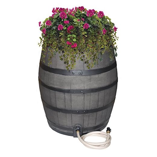 Emsco Group 2244-1 Rescue 50-Gallon Black Includes Planter, Water Diverter, Outlet Hose – Flatback Design 50 Gallon Whiskey rain Barrel, Gray with Painted Bands