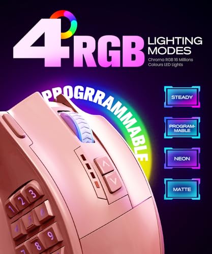 Image of UtechSmart Venus Pro Wireless MMO Gaming Mouse, 16,000 DPI Optical Sensor, Wired /Wireless Dual Modes, 16M Chroma RGB Lighting, 16 Programmable Buttons, Ergonomic Design, Up to 70H, Pink
