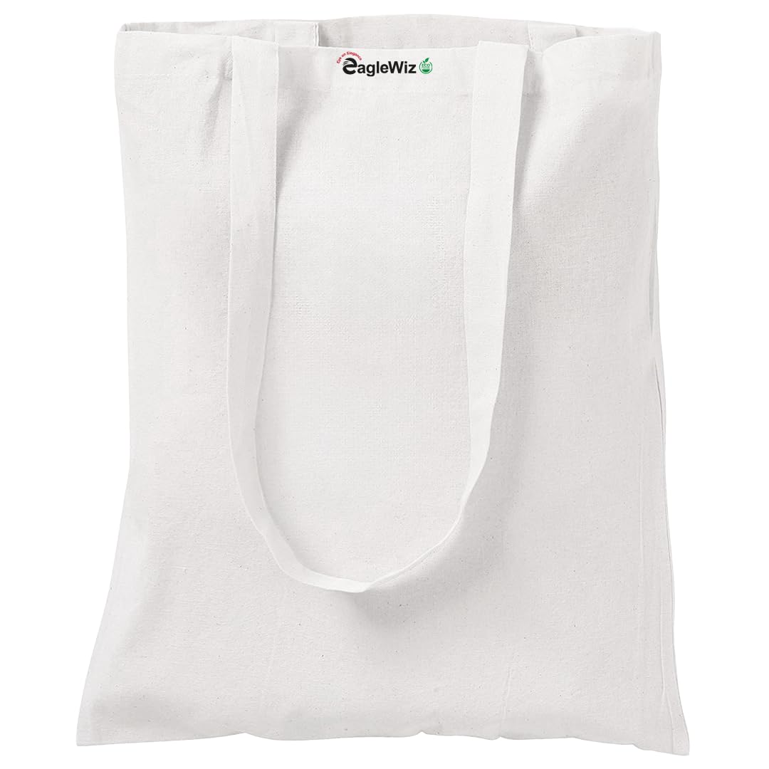 EagleWiz Natural Cotton Canvas Tote bag, Reusable grocery bags, 5 oz cotton canvas tote, eco friendly super strong washable great choice for promotion branding and gift (50, Off White)