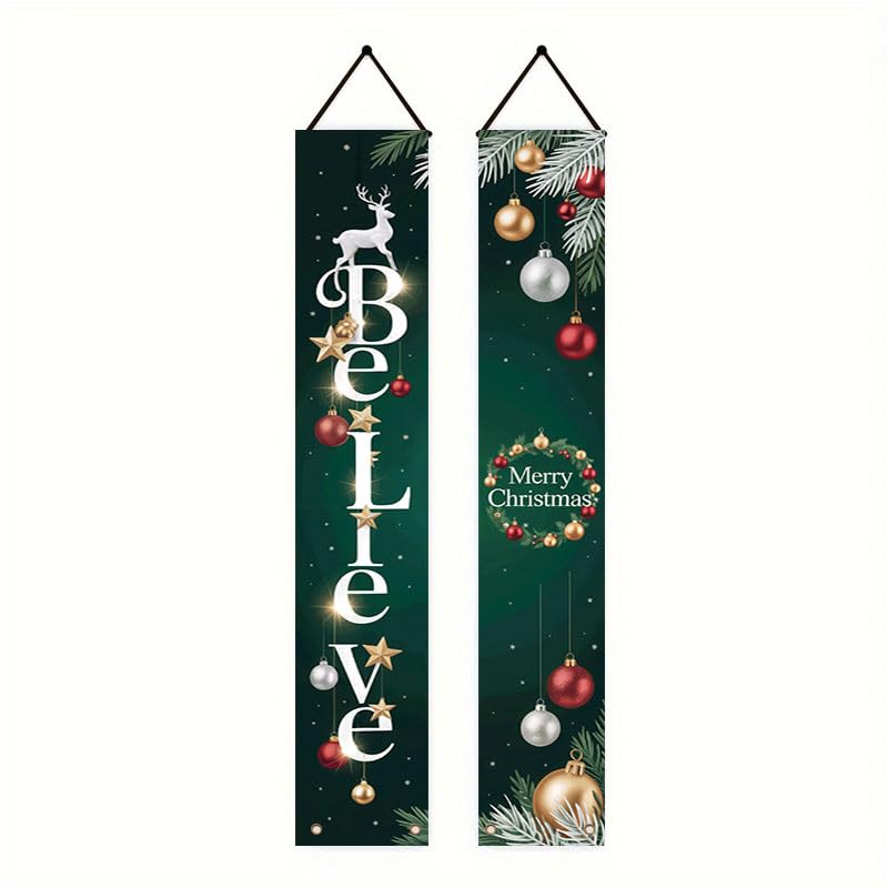 ActFirst Banner per portico di compleanno a tema natalizio da 30,5 x 180,3 cm, adatto per decorazione interna/esterna, dotato di rami di pino, decorazioni e la parola crede tessuto resistente, adatto