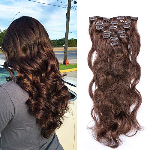 Clip in Hair Extensions Medium Brown 20" Human Remy Wavy Hair 7 Pieces 70g Body Wave Weft Real Hair Extensions