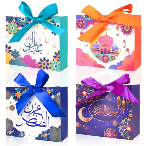 Eid Mubarak Gift Bags - 20 Pcs Eid Mubarak Bags with Handles Moon and Star Ramadan Kareem Party Bag Eid Reusable Gift Bag for Party Supplies Decorations 4 Unique Designs