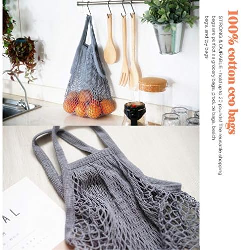 5Pcs Net Cotton String Shopping Bag, CREATIEES Reusable Mesh Market Tote Organizer for Grocery Shopper Produce Storage Beach Toys Fruit Vegetable - Less Plastic (5Pcs Short Handle)