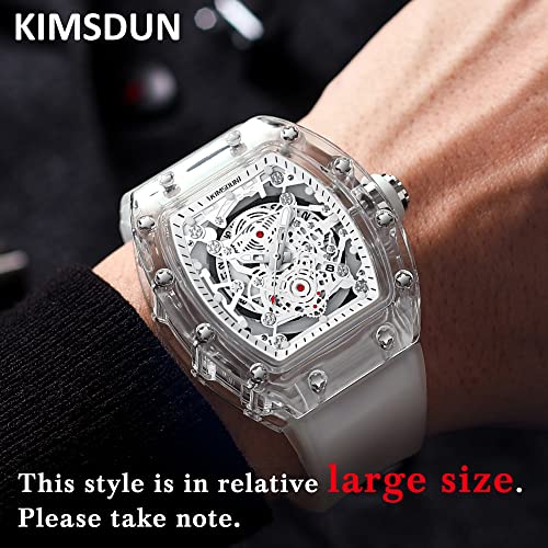 Kimsdun-Stylish Skeleton Sport Watches, Waterproof, Analog Quartz Date Calendar Wristwatch, Transparent Tonneau Case Casual Watch, Silicone Strap For Men Unisex (White-White) (Tp-K-2015B) #TOP1