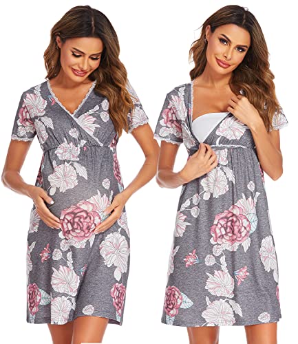 Image of Ekouaer Maternity Dresses Baby Shower Outfit Nightgowns for Nursing Breastfeeding Sleep Dress Grey Flower