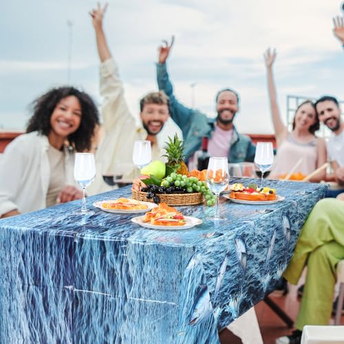 Image of Ganeen 3 Pcs Fishing Tablecloth Disposable Plastic Table Covers Ocean Scene Waterproof Tablecloths for Gone Fishing Themed Tournament Birthday Party Decor, 54 x 108 Inch