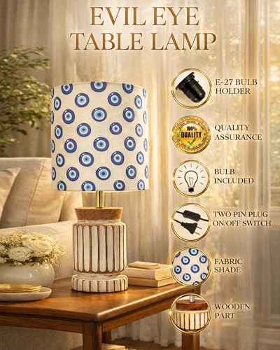 Image of Homesake Retro Farmhouse Table Lamp for Living Room Bedroom Rustic Linen Bedside Nightstand Lamps for Kids Room Study Office Wood, Home Decoration Carved Cylinder, (Evil Eye)