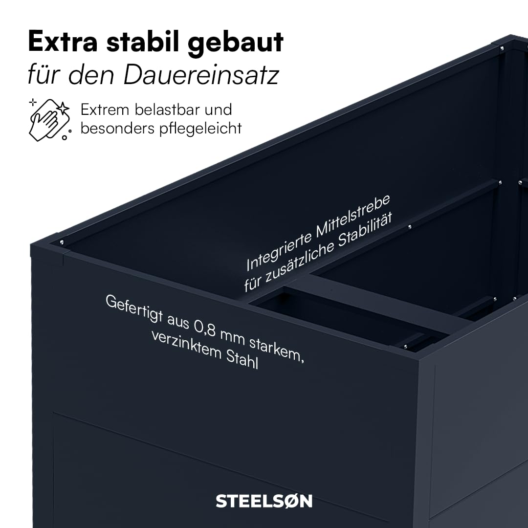 STEELSØN Icarus Hochbeet Metall – Pflanzenbeet 200x75x80 cm – Gemüsebeet Anthrazit – Beet für Garten & Balkon – Pflanzenkübel mit offener Bodenstruktur – Wetterfestes Gartenbeet – Kräuterbeet