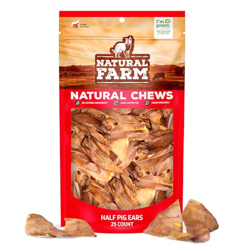 Natural Farm Half Pig Ears for Dogs (25-Pack) One Ingredient: Natural Pigs Ears Air Dried Long-Lasting & Highly Digestible Treats Great for Puppy and Large/Medium Dogs