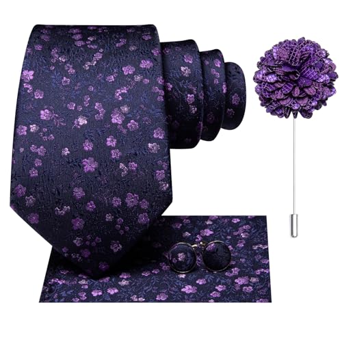 Image of Dubulle Mens Tie and Lapel Pin Paisley Striped Floral Necktie for Men Pocket Square Cufflinks 4PCS Set Wedding Party