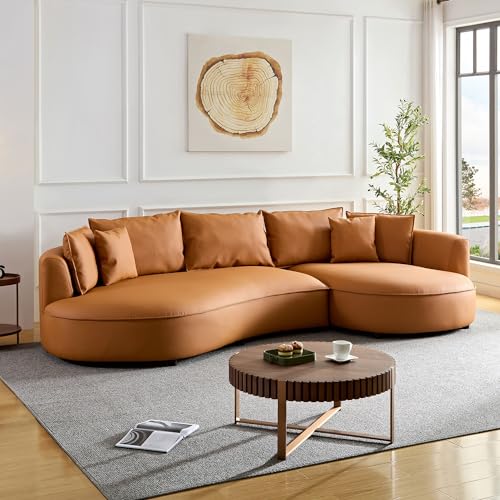 Image of KEIKI 129 inch Curved Oversized Modular Bonded Leather Sectional Sofa with Right Chaise, 4 Pillows, 3 Back Cushion, Modern Comfy 5-Seater Couch, Easy Assembly, for Apartment, Living Room, Orange