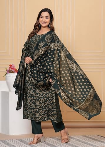Image of PARTHVI Women's Printed Cotton Anarkali Kurta & Pant With Dupatta Set