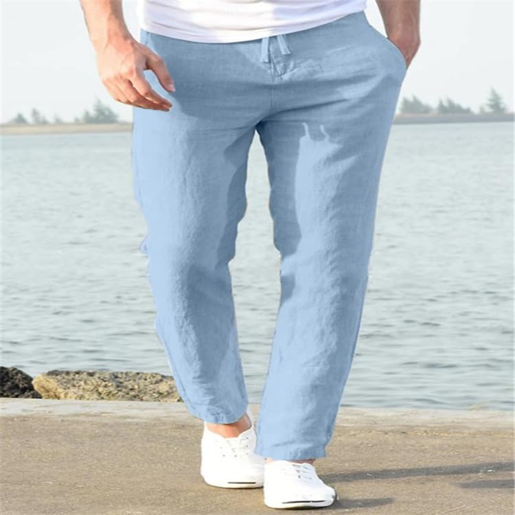 GKZA Mens Casual Cotton Linen Pants Elastic Waist Lightweight Loose Fit Summer Cotton Beach Yoga Trousers (Sky Blue,3XL) YM76