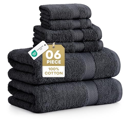 Image of LANE LINEN 100% Cotton Towel Set for Bathroom - 6 Piece - Super Soft, Hotel Quality - 2 Bath, 2 Wash cloths, 2 Hand Towels for Bathroom - Classic, Gentle on Skin, Ideal for Spa & Daily Use - Black