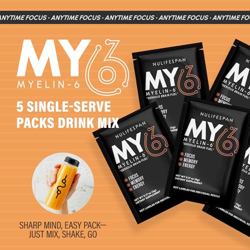Image of Myelin-6, Sampler Pack, 5 Single Serve Packs, Focus Supplement & Brain Health with AlphaSize, Memory and Cognitive Function Support, Orange Tangerine Flavor, Gluten-Free, Non-GMO