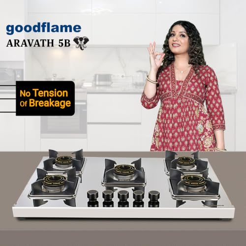 Image of goodflame Aravath 5 Burner Stainless Steel Gas Stove for Kitchen | Heavy 2MM SS Body | Brass Burners | 2 Year Warranty | ISI Certified | Manual Ignition | LPG Ready and PNG Compatible, (Silver)