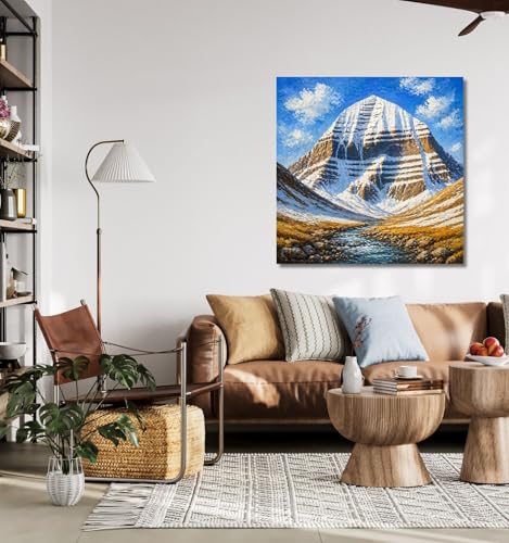 Image of Kunj Cart Mount Kailash Painting | 10+ DESIGNS | Kailash Parvat Canvas Painting for Living Room, Temple Home & Office Wall Decoration (Blue Sky Kailash Mountain, 24x24 Inch, Framed)