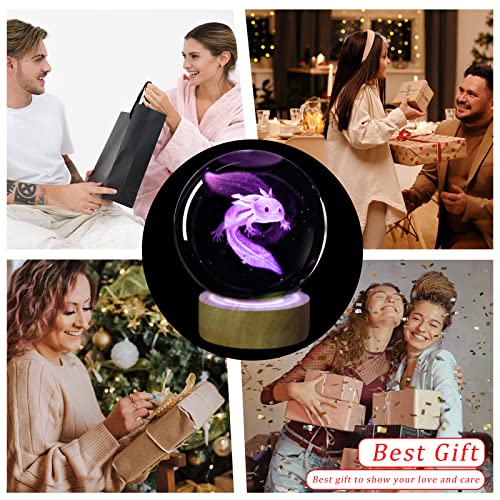Image of 3D Axolotl Crystal Ball Night Light with 16 Color LED Wooden Base, Premium 2.4 Inch Axolotl Glass Ball Lamps with Remote for Birthday Holiday, Cool Axolotl Toy Decor Gifts for Boys Girls Kids