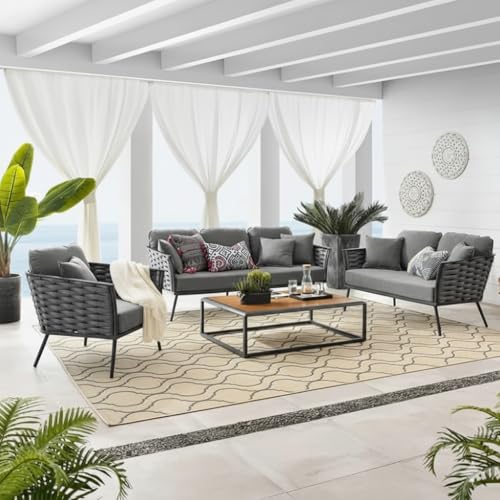 Image of LOCCUS 4-Piece Patio Rope Furniture Set - 6-Seater Outdoor Sofa with Wooden Top Table & Washable Cushions, Premium Conversation Set for Porch, Backyard & Garden (Grey)