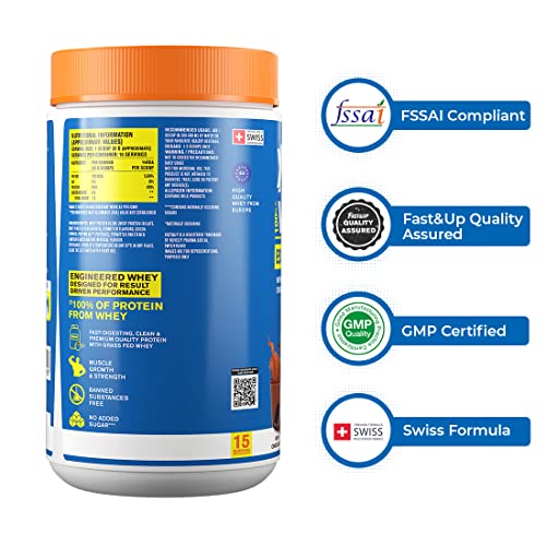 Image of FAST&UP Essentials Whey Protein Isolate Blend (Rich Chocolate Flavour), 15 Servings, 24g Protein, 5.5g BCAA, 4g Glutamine (1.06 Lbs, 480 Gms)