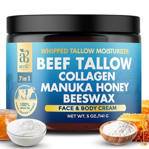 Beef Tallow For Skin, Organic Grass-Fed Beef Tallow Balm Manuka Honey, Aloe Vera Scent, Jojoba Oil, Olive Oil, Beeswax & Collagen, Natural Moisturizer Face, Body, Lips, Hydrates Dry, Cracked Skin, 5oz