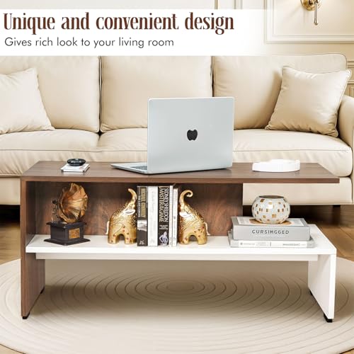 Image of ABOUT SPACE Coffee Table - Portable Wooden Centre Table with Open Partition Storage - DIY Furniture - Sofa Tea Poyee for Living Room, Home, Office (White & Walnut - L 90 x B 40 x H 43 cm)