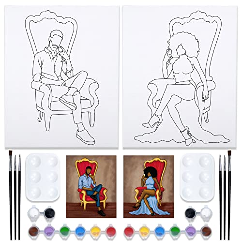 2 Pack Canvas Painting Kit Bundle,Couples Paint Party Kits Pre Drawn Canvas for Painting for Adult,Afro King Queen Love Couple Pre Drawn Stretched Canvas Kit Art Set (12×16)