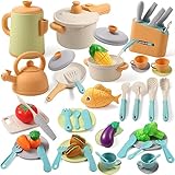 SLEMAKO Juguetes de Cocina para niños Accesorios, juego de ollas y sartenes, utensilios de cocina al aire libre, juego de chef para cortar alimentos verduras, juego de rol para niños mayores de 3 años