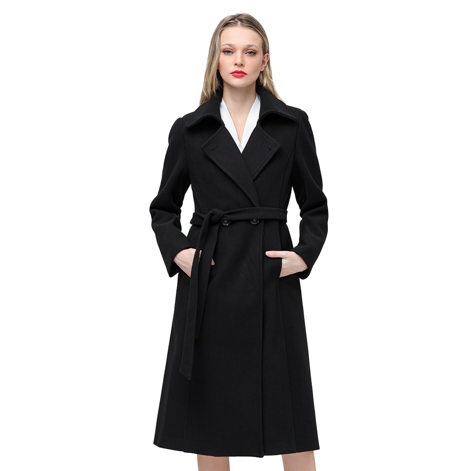 Aprsfn Women's Elegant Solid Color Mid-Length Thicken Warm Wool Blend Coat (Black, Small)