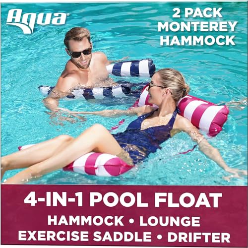 Image of Aqua 4-in-1 Monterey Hammock Pool Float & Water Hammock, Multi-Purpose, Inflatable Pool Floats for Adults, Patented Thick, Non-Stick PVC Material, One Navy & One Burgundy /White Stripe, 2-Pack