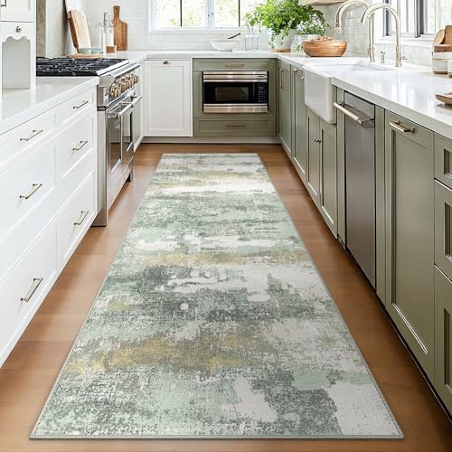 Runner Rug for Hallway Kitchen, 2'6"x10' Machine Washable Runners Rug for Entryway, Soft Modern Abstract Throw Rugs, Low Pile Floor Cover with Non Slip Backing, Light Green