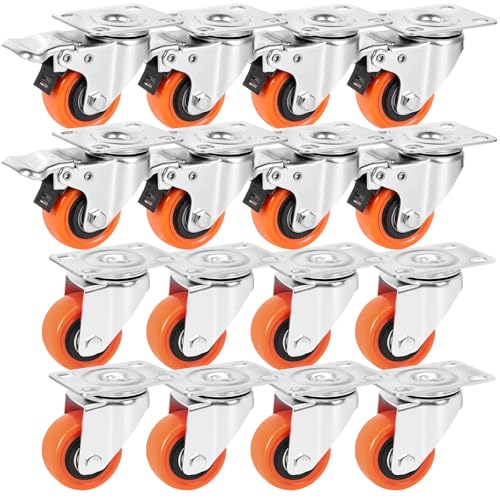 W B D WEIBIDA 2" Plate Caster Wheels Set of 16, Heavy Duty Casters with Brake, Safety Dual Locking, Industrial Swivel Top Plate Casters Wheels for Furniture, Carts (Screws and Screwdriver)