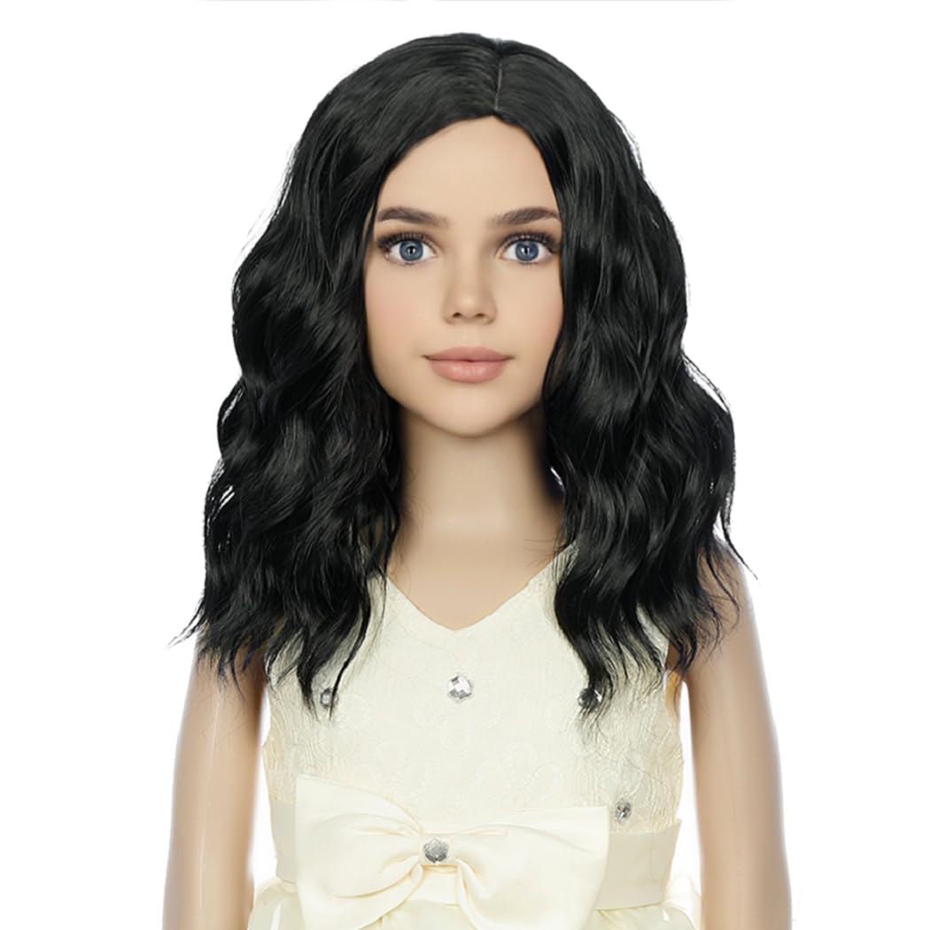 PATTNIUM Kids Child Black Wig Short Wavy Black Bob Wig for Girls Synthetic Hair Cosplay Halloween Party Costume Daily Wear Wigs