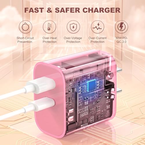 Image of Aolcev for iPhone Charger Fast Charging 2 in 1 USB A USB C Charger Block 30W Cute Type C Fast Charging Blocks for iPhone 17 16 15 14 13 for iPad USB C Charging Adapter for Galaxy S26 S25 Light Pink