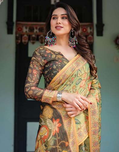 Image of SIRIL Women's Cotton Linen Printed Handloom Saree with Unstitched Blouse Piece