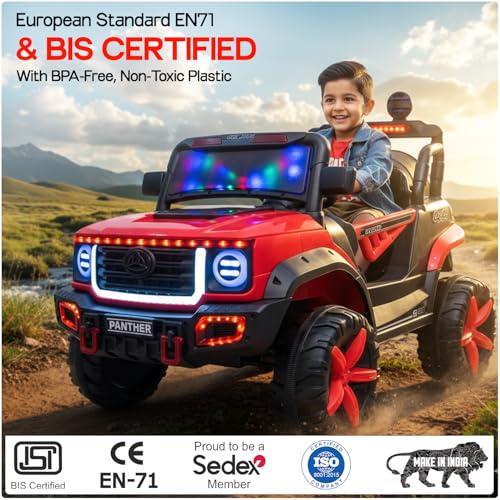 Image of Toyzone Panther Electric Jeep (Red) | 12V Rechargeable Ride on with 5Ah Battery | Music Player with BT, USB & AUX | Smooth Acceleration | 6M Battery Warranty | Age 3-10 Years, Upto 50 kg
