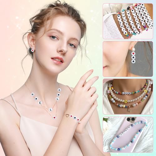Image of Amaney 1500 Pieces 4x7mm White Round Acrylic Alphabet Letter Beads A-Z Number Beads Star Beads Heart Beads and Crystal Line for Jewelry Making