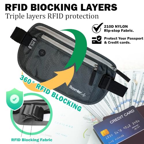 Image of RFID Blocking Passport Holder Travel Pouch for Men & Women - Hidden Money Belt with Anti-Theft Locking Zipper, Slim Waterproof Waist Wallet for Cash, Credit Cards, Passport & Travel Documents, Grey