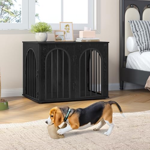 Hzuaneri Hundekäfig Möbel, 80cm Hundebox für Zuhause, 3 Türen, Bogentür, Moderne Hundebox Indoor für Hunde, Beistelltisch, Hundekäfig Hochbelastbar, 80 x 56 x 61 cm, Schwarz DFC85104B